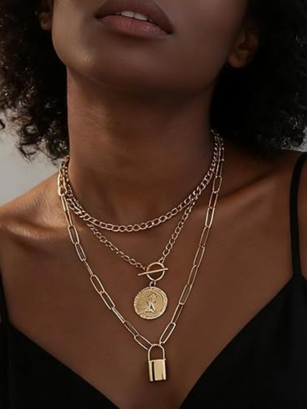Vintage Gold Layered Necklace Set for Women | Chunky Cuban Link Paperclip Chain - Picture 3 of 6
